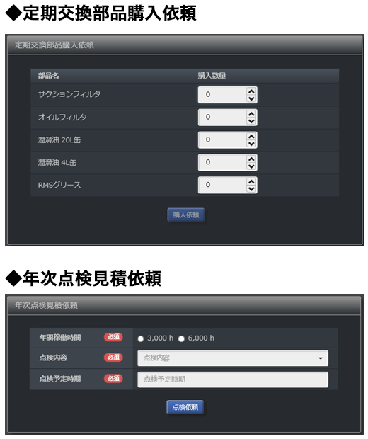 定期交換部品購入依頼と年次点検見積依頼の画面