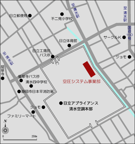 清水事業所への道のりを示した地図