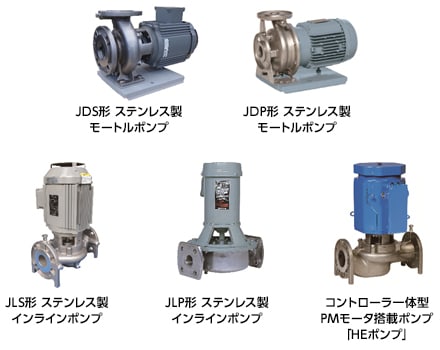 JDS形ステンレス製モートルポンプ、JDP形ステンレス製モートルポンプ、JLS形ステンレス製インラインポンプ、JLP形ステンレス製インラインポンプ、コントローラ一体型PMモータ搭載ポンプ「HEポンプ」