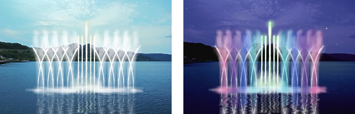 スイング噴水装置 動作イメージ図 (左：昼間、右：夜間[演出照明付])