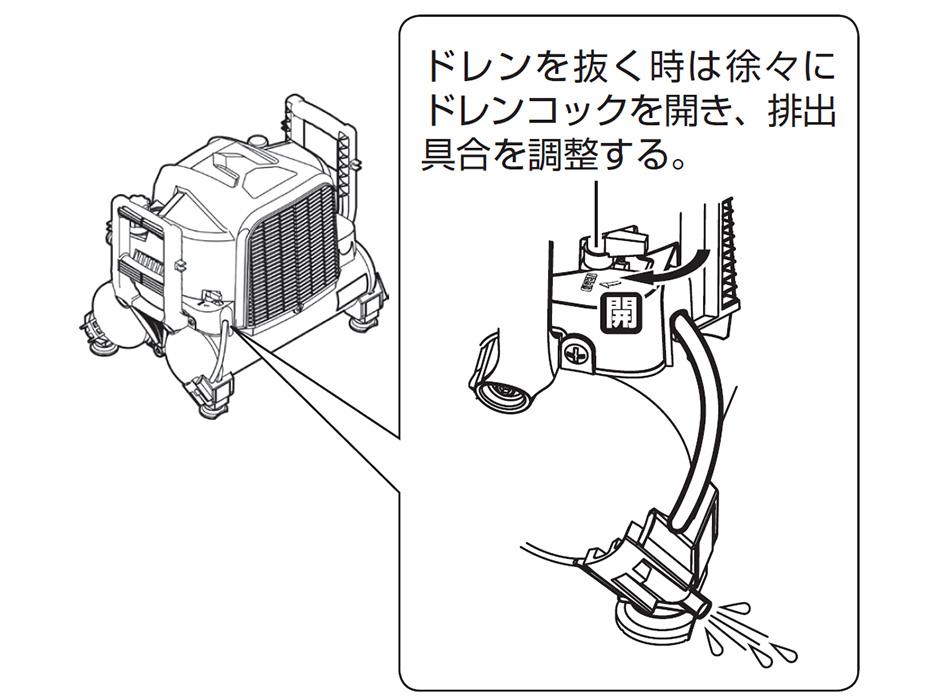 ドレンを抜くときは徐々にドレンコックを開き、排出具合を調整する