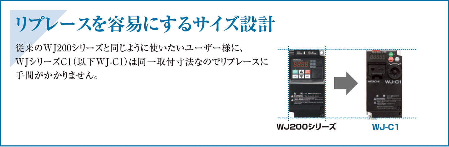 リプレースのしやすいサイズ設計。従来のWJ200シリーズと同一取付寸法です