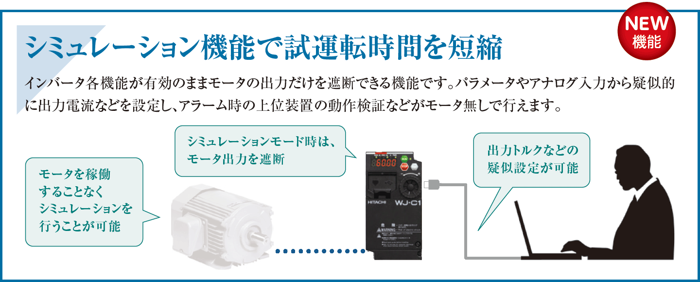 シミュレーション機能で試運転時間を短縮。アラーム時の上位装置の動作検証などがモータ無しで可能です
